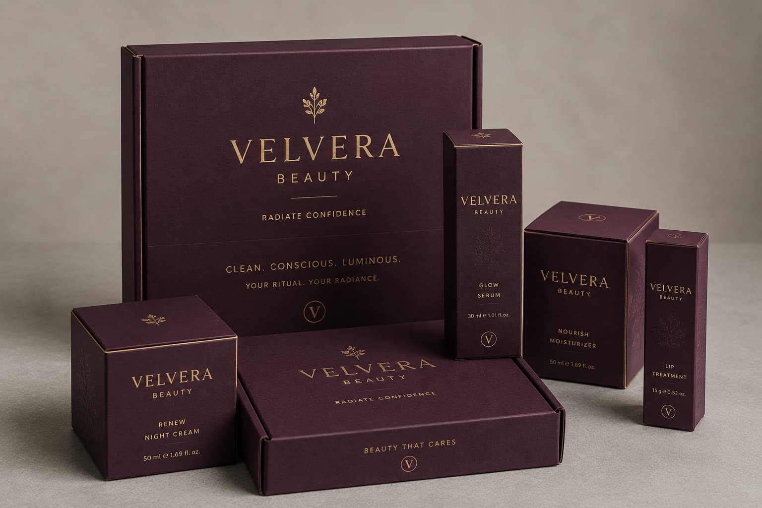 Deep burgundy premium beauty box set with elegant gold foil branding and luxury packaging