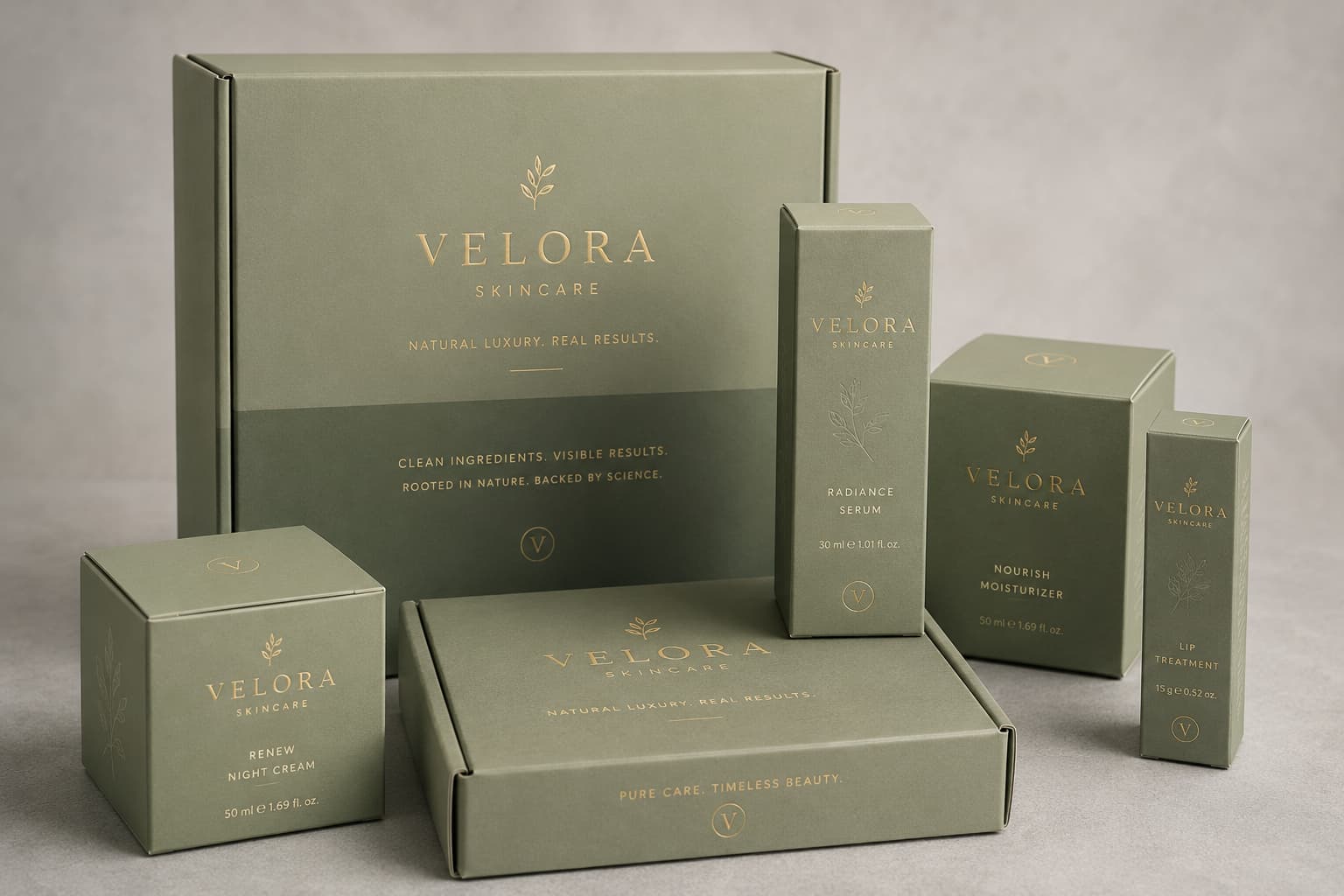 Realistic sage green skincare packaging set with gold foil branding and premium rigid boxes
