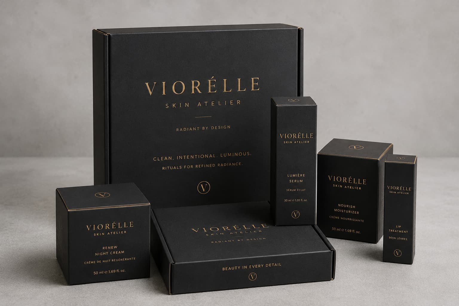 Matte black luxury skincare boxes with gold branding in a realistic studio setup