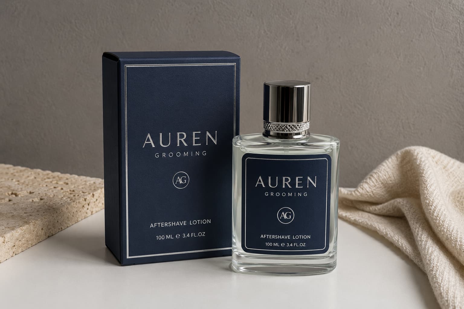 Elegant aftershave lotion bottle and box for men in deep navy premium packaging