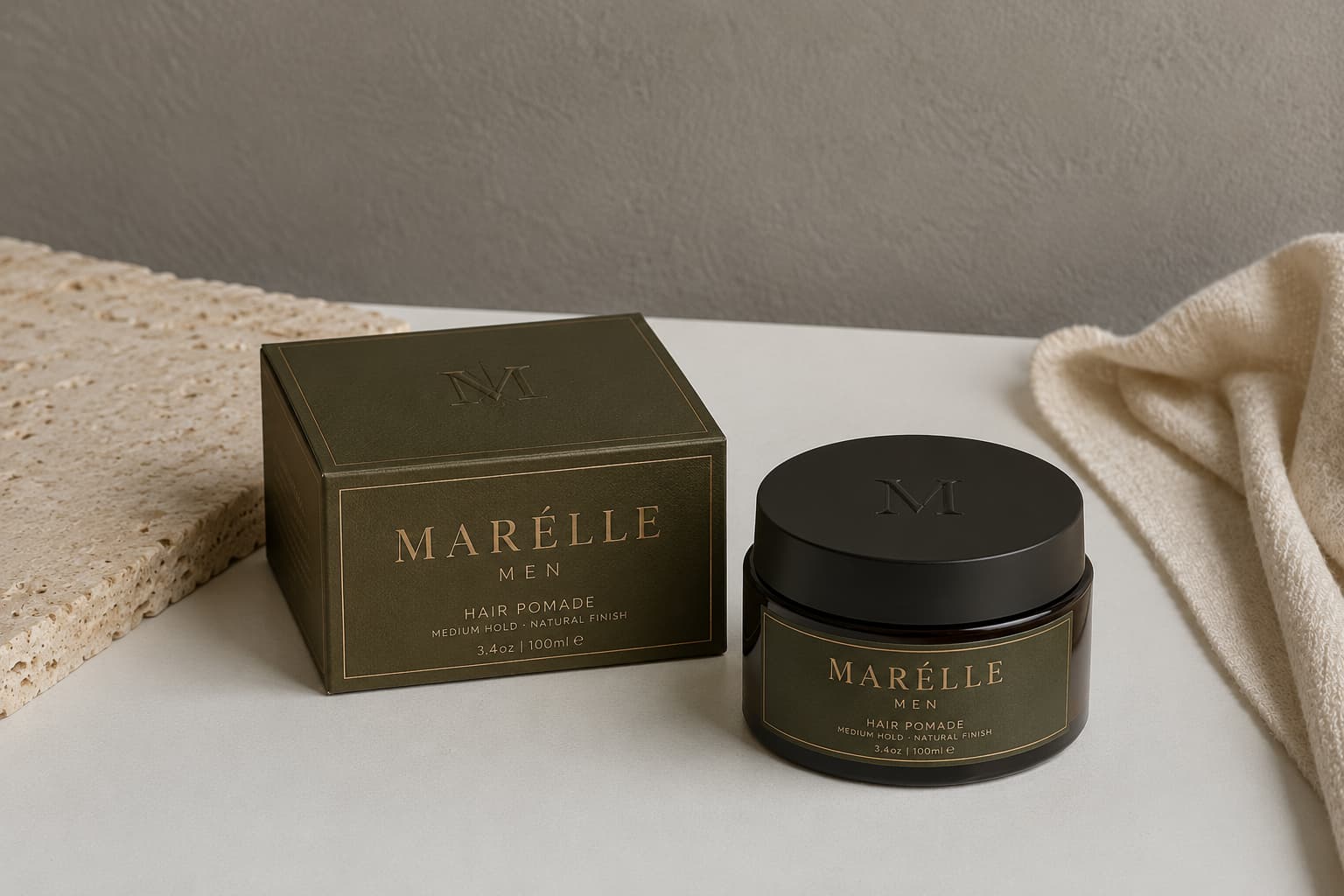 Premium matte hair clay jar and custom box for men in black minimalist packaging