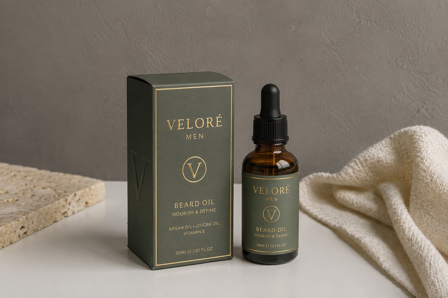 Premium beard oil box and bottle packaging for men with olive green and gold design