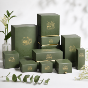 Green cosmetic packaging boxes with gold logo, eco-friendly premium custom packaging design