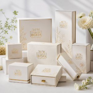 Luxury rigid cosmetic boxes with gold logo, high-quality custom packaging for beauty products