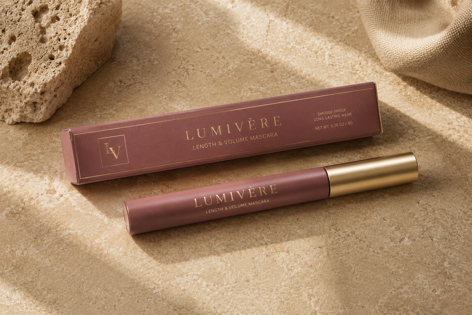Premium mascara box and tube in mauve packaging with gold accents on a warm stone background
