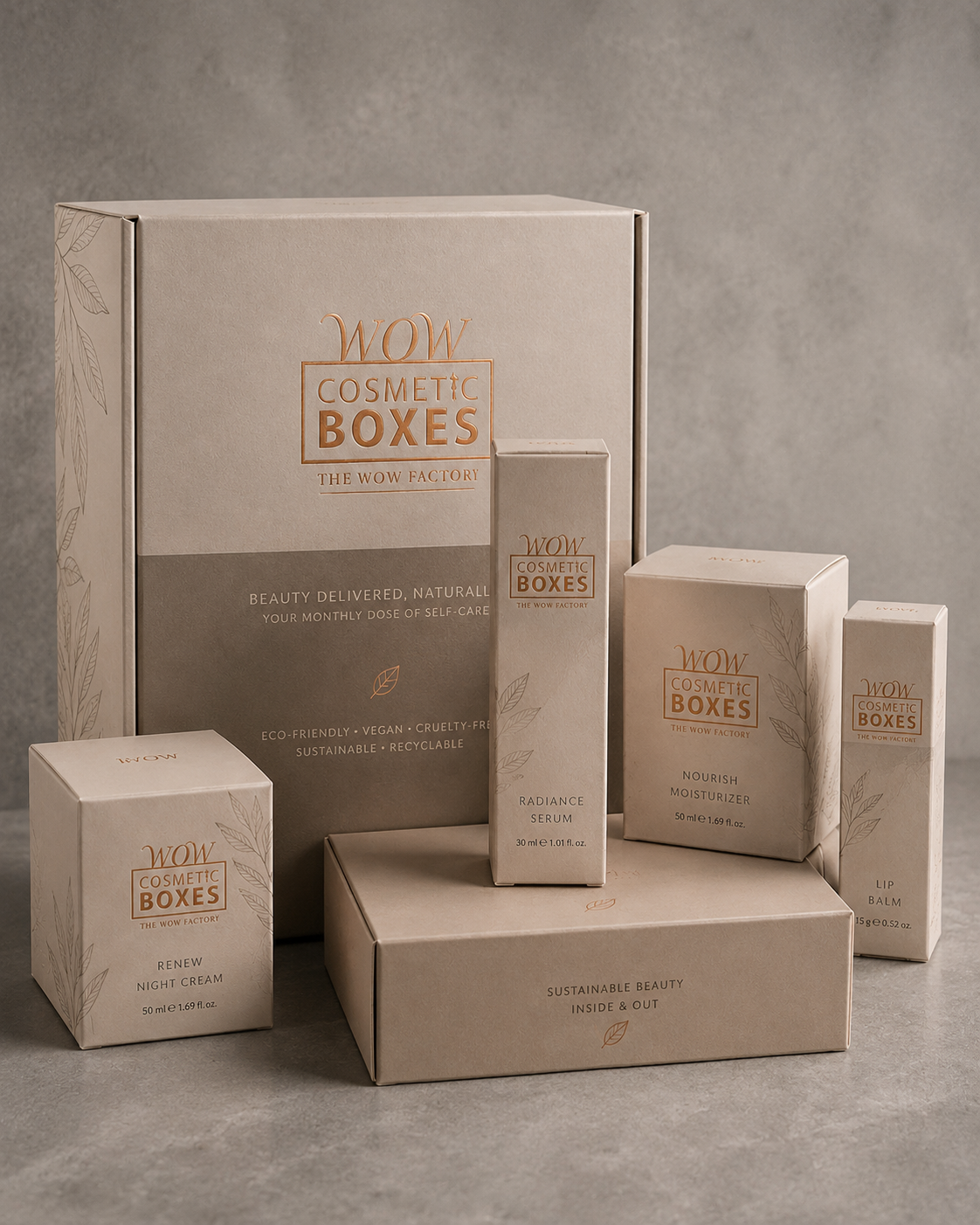 Premium custom cosmetic boxes with gold logo on grey studio background