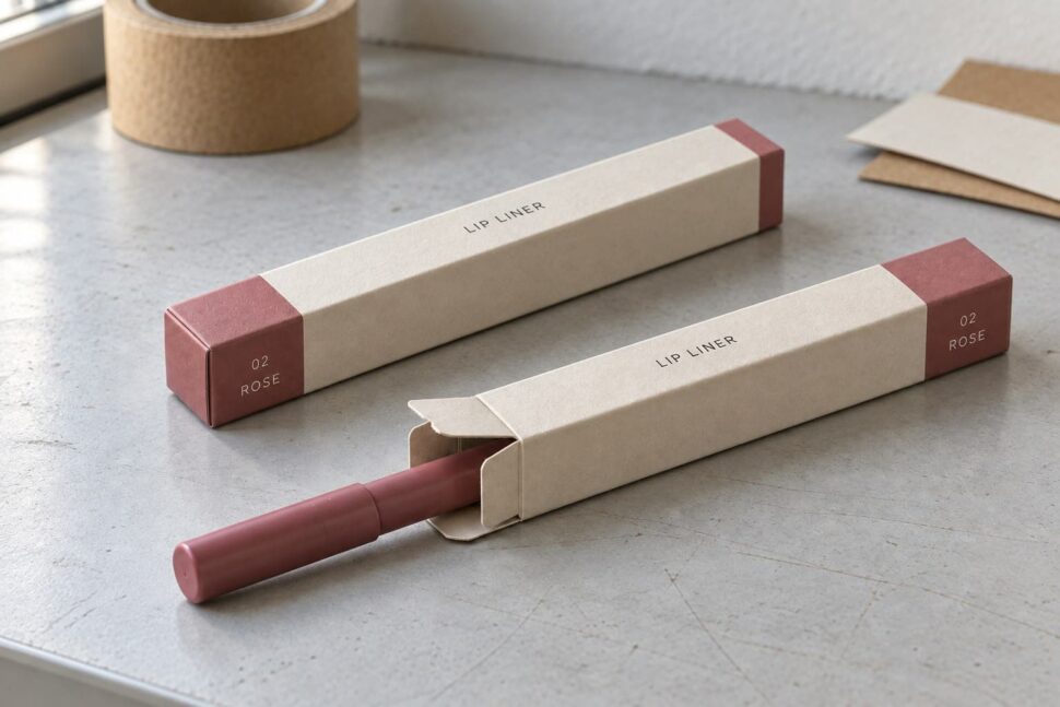 Rose-colored lip liner extending from an open cream-colored carton beside a closed carton labeled 02 Rose.
