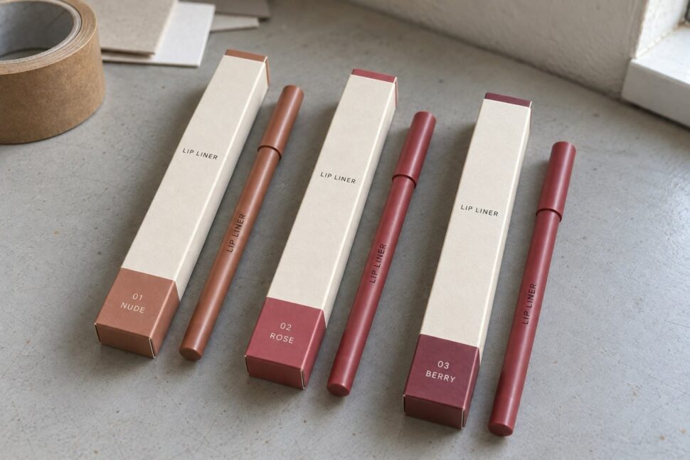 Three cream-colored lip liner cartons labeled 01 Nude, 02 Rose and 03 Berry, each beside a matching pencil.