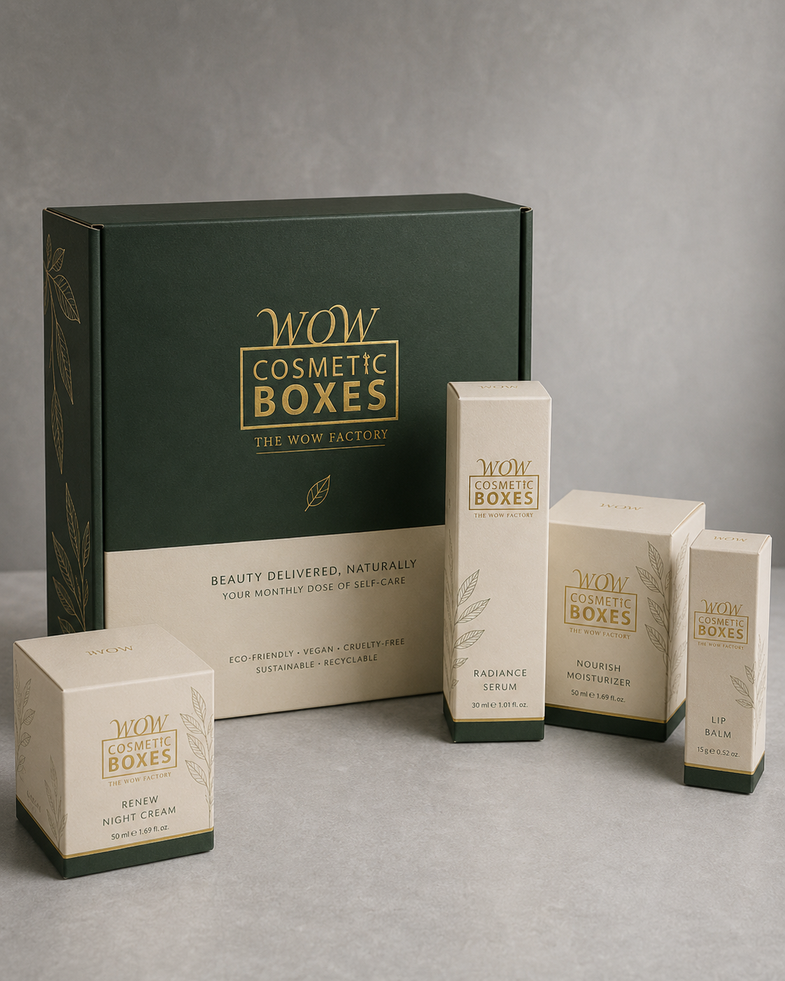 Custom skincare boxes with natural beige design and gold foil branding