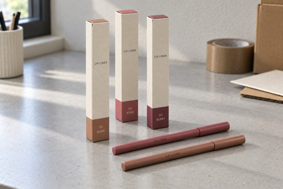 Three cream-colored lip liner cartons labeled Nude, Rose and Berry beside two lip liner pencils.