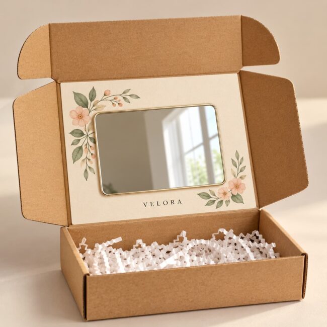 Open kraft mirror box with a gold-framed rectangular mirror, ivory floral interior panel and white paper fill.